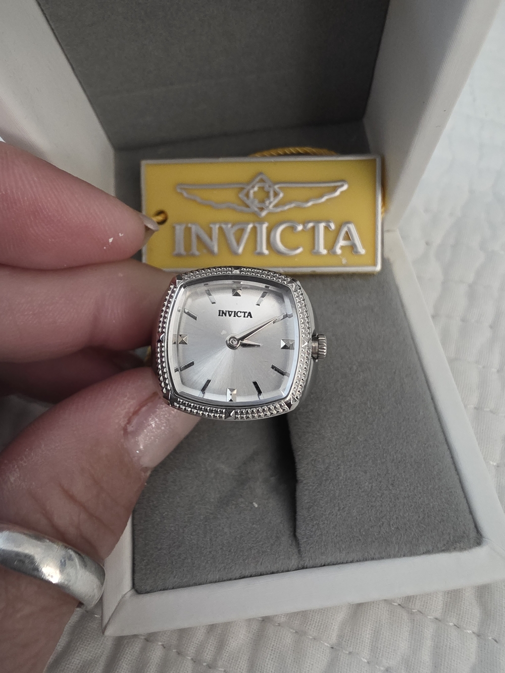 Invicta Angel Women's Ring Watch ~ Silver Cushion Watch Head with Silver Dial